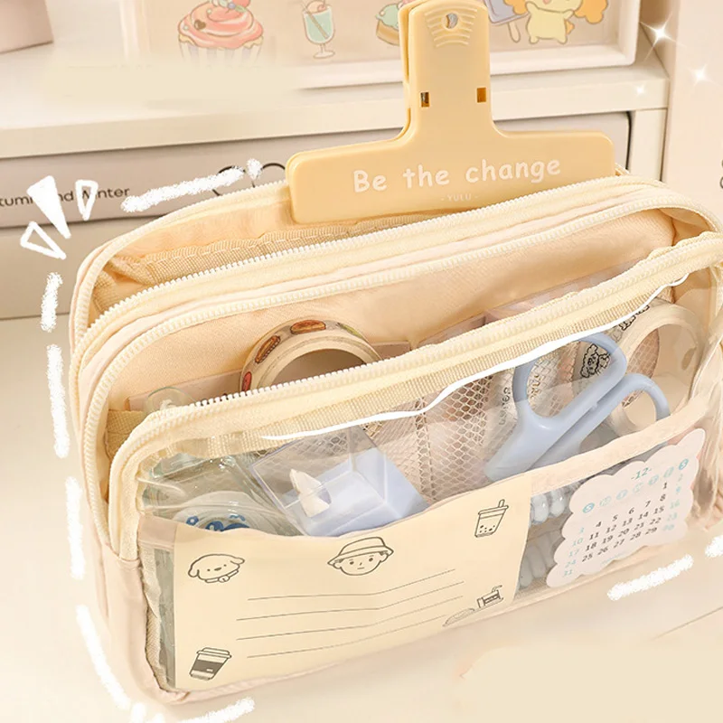 Three-layer Transparent Pencil Case Children's Simple Pen Bag Waterproof Design Junior High School Student Stationery Box