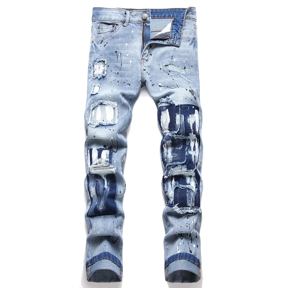 

Men Patches Patchwork Denim Jeans Streetwear Painted Holes Ripped Distressed Pants Slim Straight Trousers