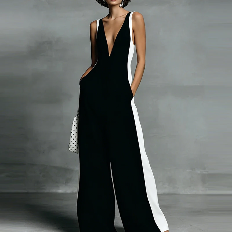 

Elegant V-neck Women High Waist Commute Rompers Temperament Pocket Playsuits Fashion Color Blocked Sleeveless Wide Leg Jumpsuits