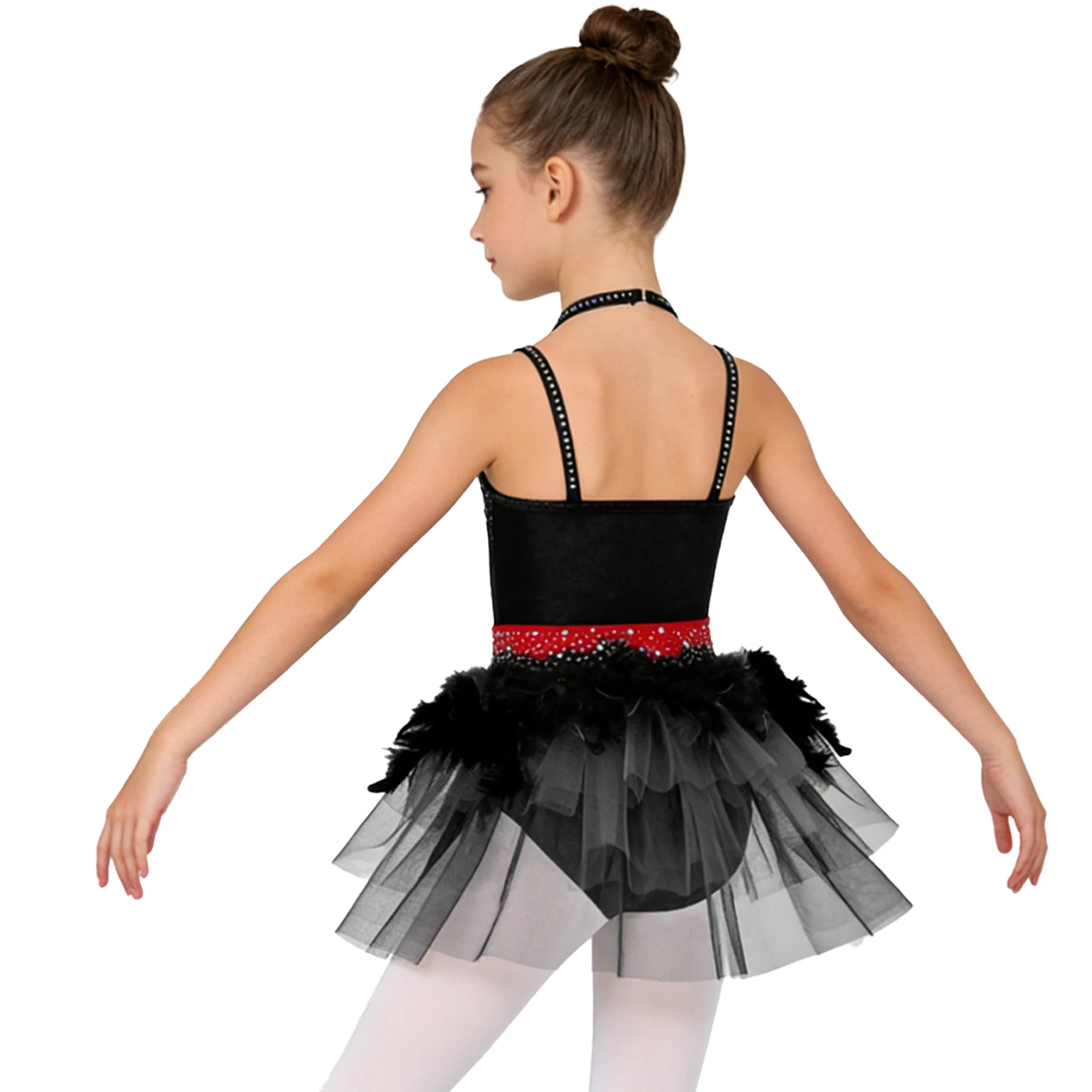 Children Girls Jazz Latin Dance Leotard Halter Sparkly Rhinestone Feather Tulle Dress Bodysuit Ballet Skating Gymnastics Costume