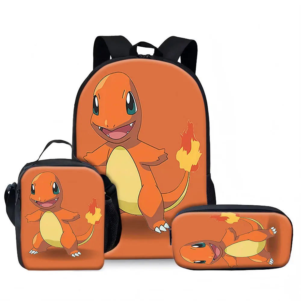 Kids Bag Charmander 3pcs Backpack Set Cute Cartoon Fire Type Pokémon School Bags for Kids Lightweight Travel Luggage with Lun