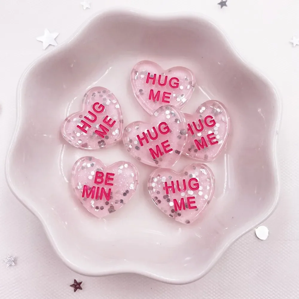 Glitter Resin Peach Heart Lettering HUG ME Tag Flatback Cabochon Rhinestone Scrapbook Craft DIY Accessory Decor Figurine OH73