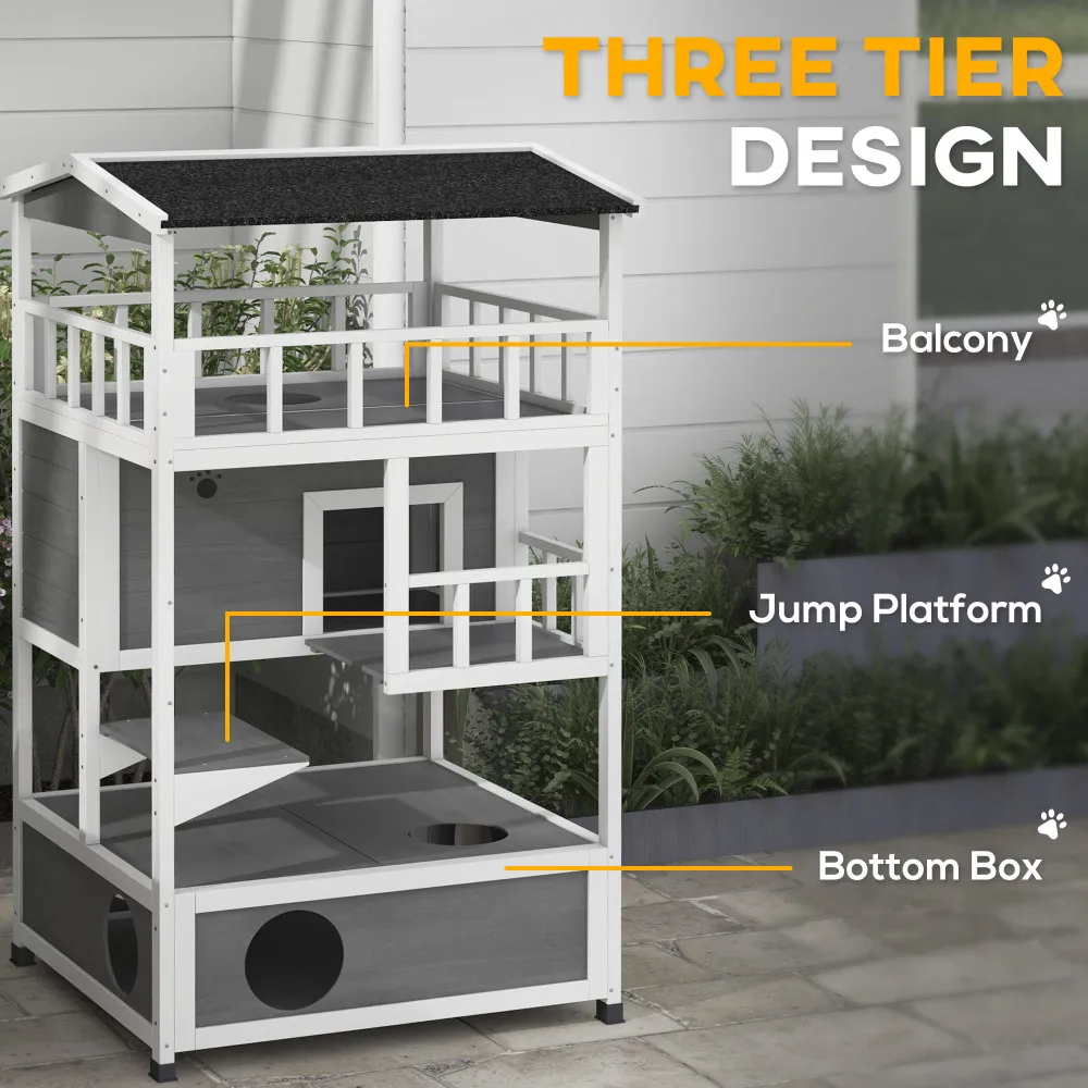 PawHut Wooden Outdoor Cat House: Feral Cat Shelter Kitten Condo with Asphalt Roof, Escape Doors, Jumping Platform, Light Gray view 5