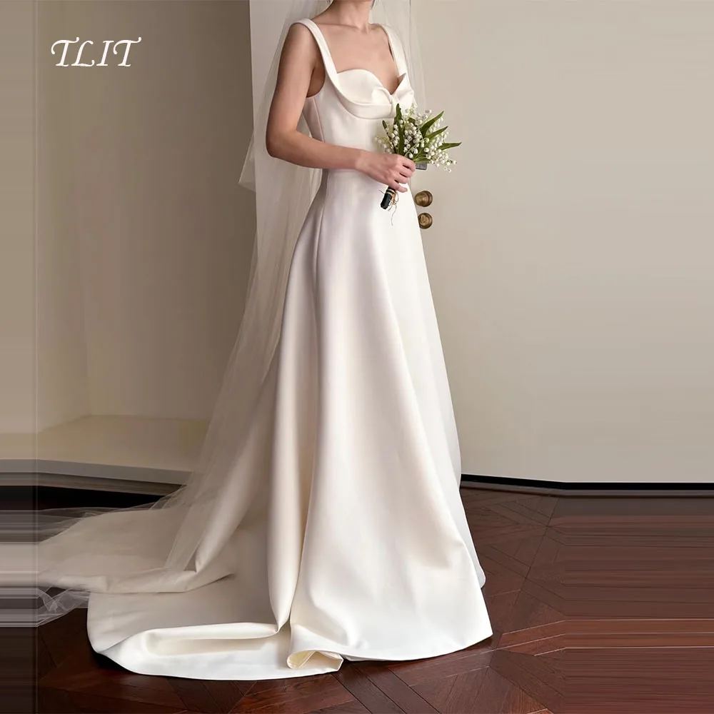 فستان زفاف أنيق من الحرير والساتان باللون العاجي من TLIT فستان زفاف بحزام سباغيتي على شكل قلب كوري فستان زفاف صور تخصيص