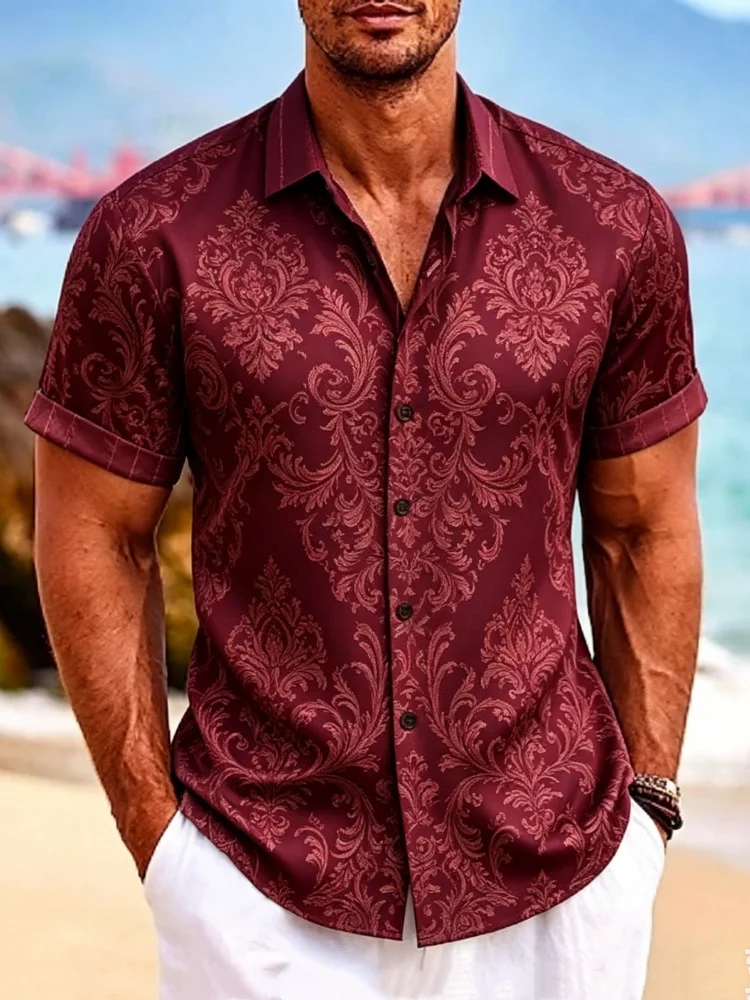 

Plus Size Men's Short Sleeve Lapel Shirt, Comfort Burgundy Damask Print Casual Top