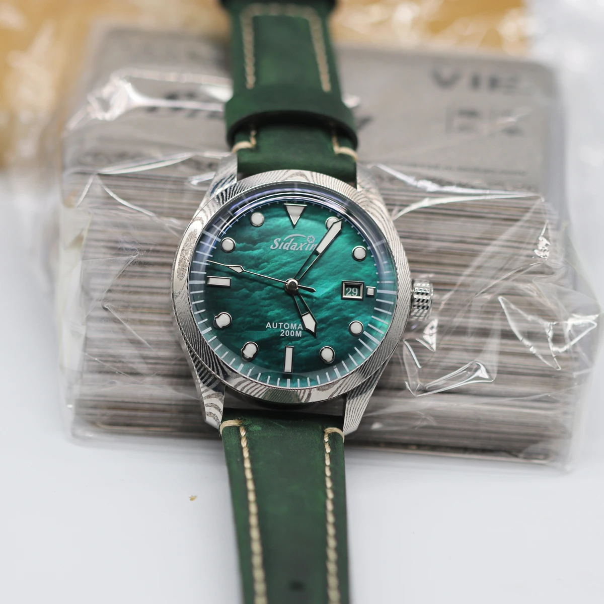 Sapphire glass   MOP/Meteorite/Mosaic Damascus dial  automatic Damascus/Mokume customized diving watch for men