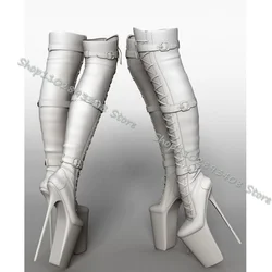 White High Platform Knee Boots Round Toe Side Zipper Stiletto Lace up British Style Sexy Party Women Boots Zapatos Para Mujere