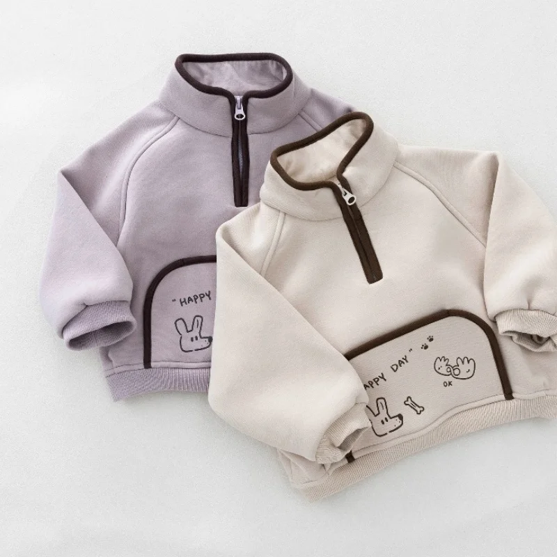 2026 New Winter Children Stand-Up Collar Sweatshirt Cartoon Printed Boys Girls Fleece Lining Hoodies Baby Kids Thicken Warm Coat