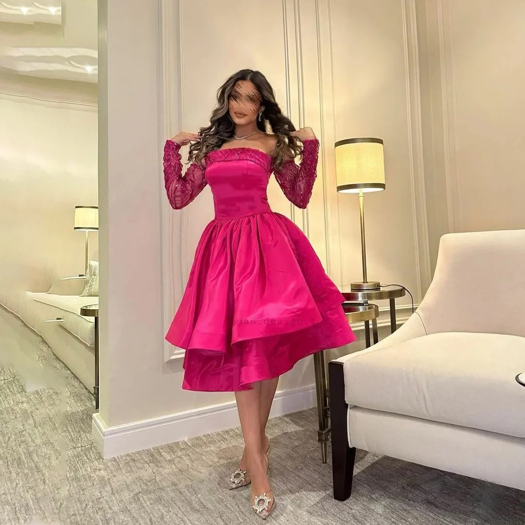 

OEING Off Shoulder Luxury Formal Evening Dresses Tiered Long Lace Sleeves فساتين سهرة Knee Length Elegant Prom Gowns Party Women