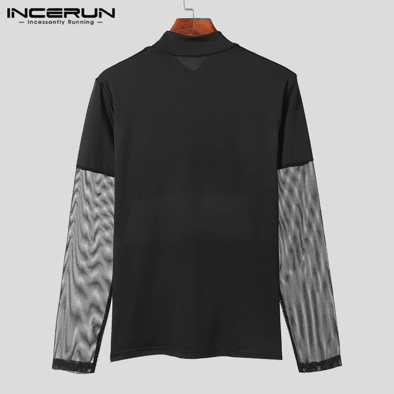 2023 Men T Shirt Mesh Patchwork Sexy Skinny Turtleneck Long Sleeve Fashion Camisetas Transparent Streetwear Men Clothing INCERUN