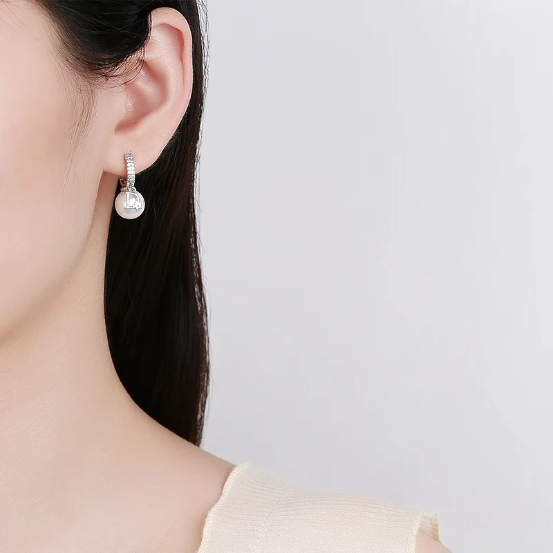 ZAKOL Korean Fashion Pearl Drop Earrings for Women Luxury Elegant Shiny Zircon D-letter Charm Hoop Earring Wedding Jewelry image 4