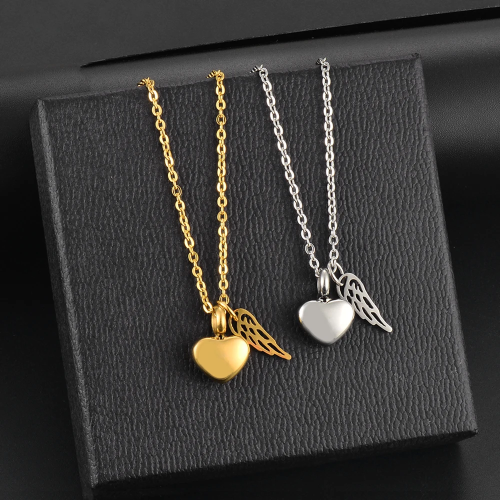 Stainless Steel Mini Angel Wing Love Heart Cremation Jewelry for Ashes Pendant Ash Holder Memorial Necklace Jewelry 3 Colors