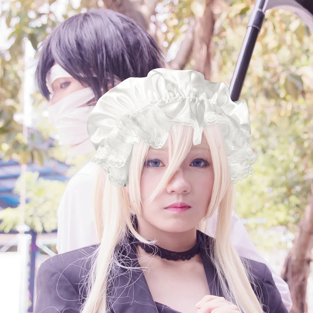 2Pcs Lace Maid Hat Bonnet for Women White Maid Costume Accessory Cosplay Lolita Headwear Tea Party Fancy Dress Event