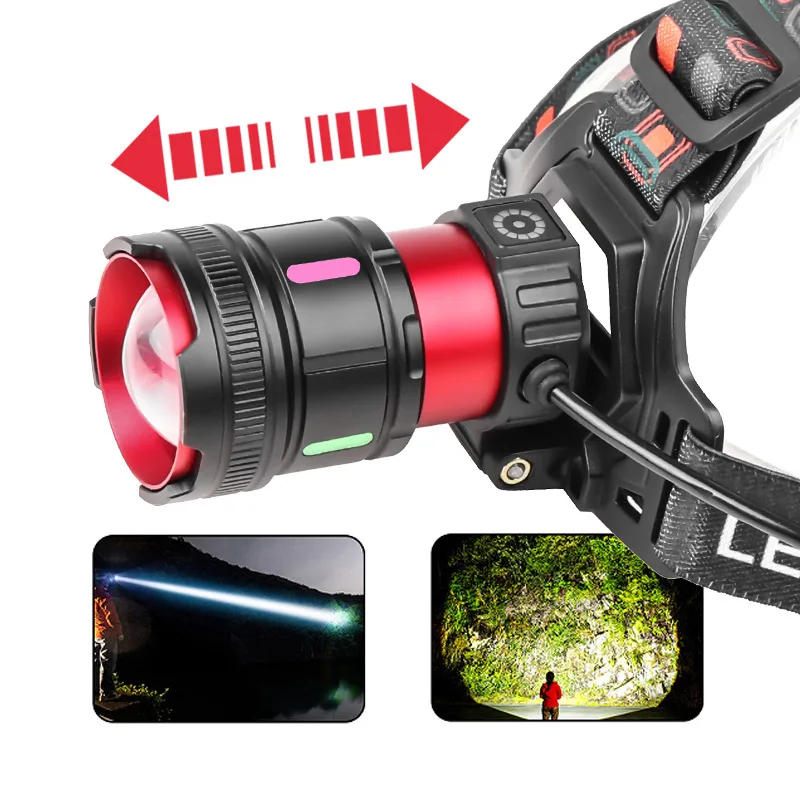 

30W White Laser Induction Headlight - COB Red Warning Tail Light Type-C Charging Zoom Torch