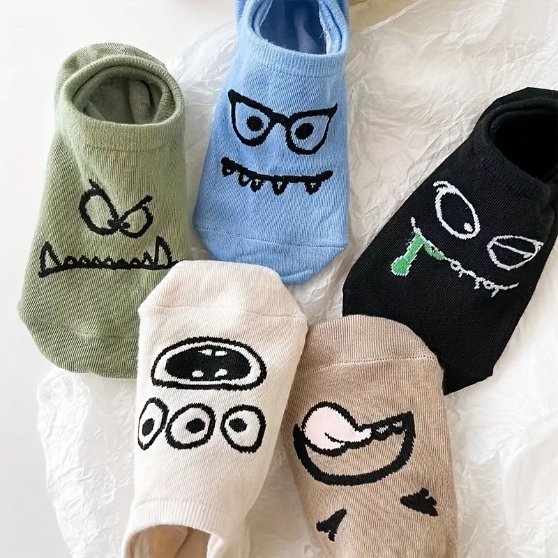 5 Pairs Of Cartoon Print Crew Socks, Funny Breathable Low Cut Ankle Socks, Women's Everyday Work Boat Socks