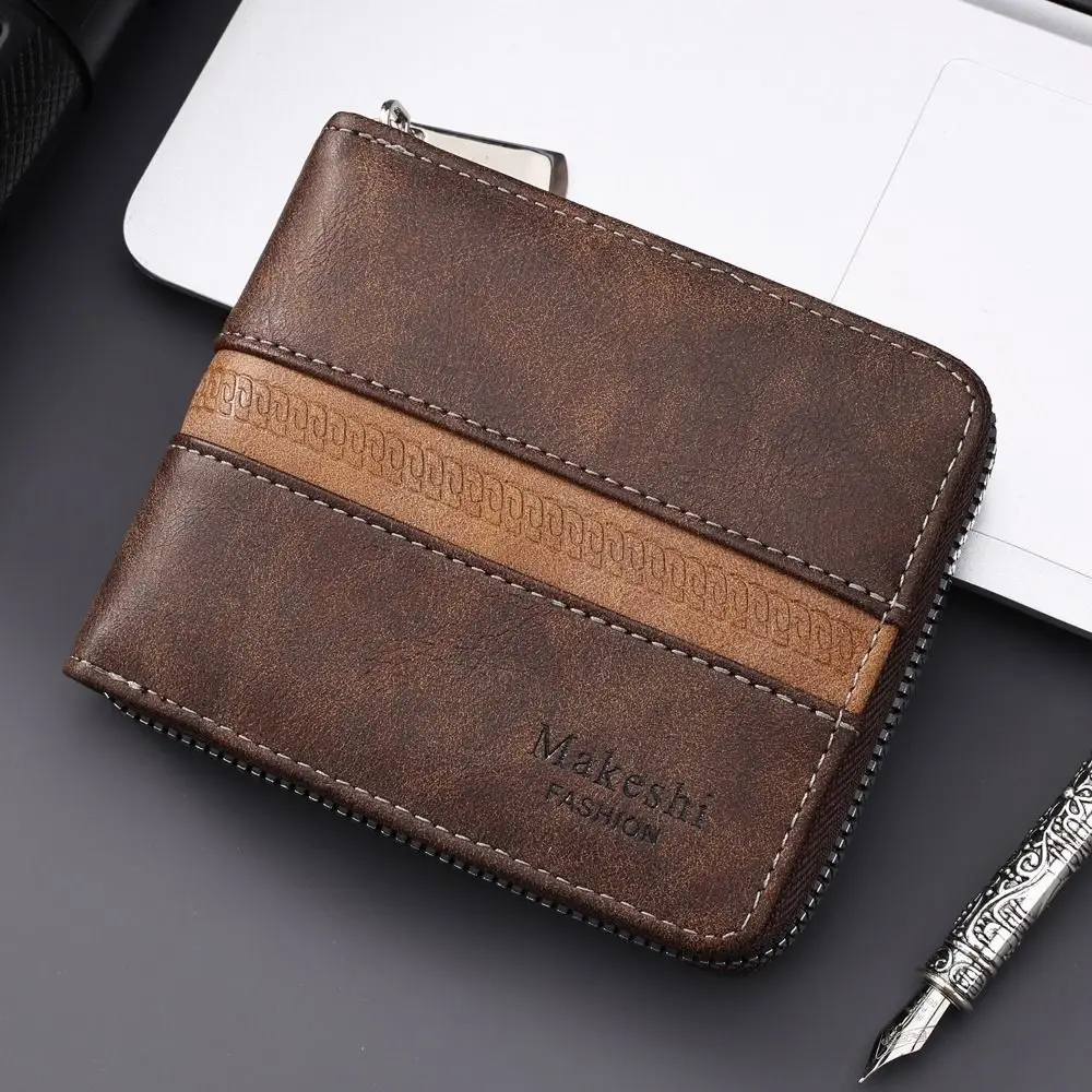 

Fashion Vintage Mini Coin Purse Portable Zipper Small Card Bag PU Leather Colorblock Men's Coin Wallet Business