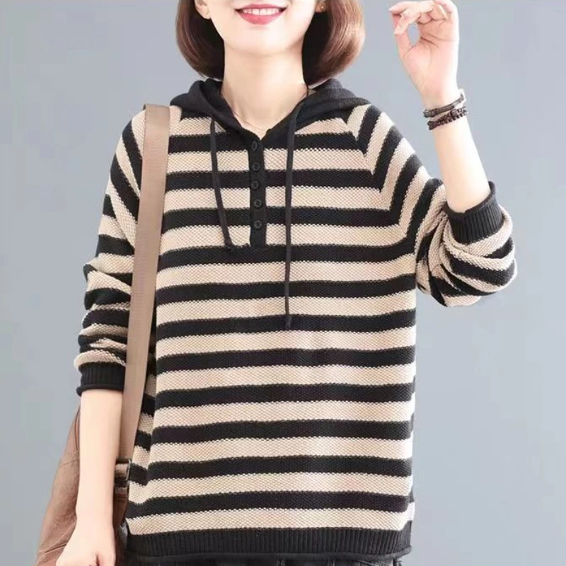 Striped Women's Hoodies Sweatshirts Knit Loose Essential Sport Long Sleeve Korean Popular Clothes Cheap Baggy Female Hooded Top