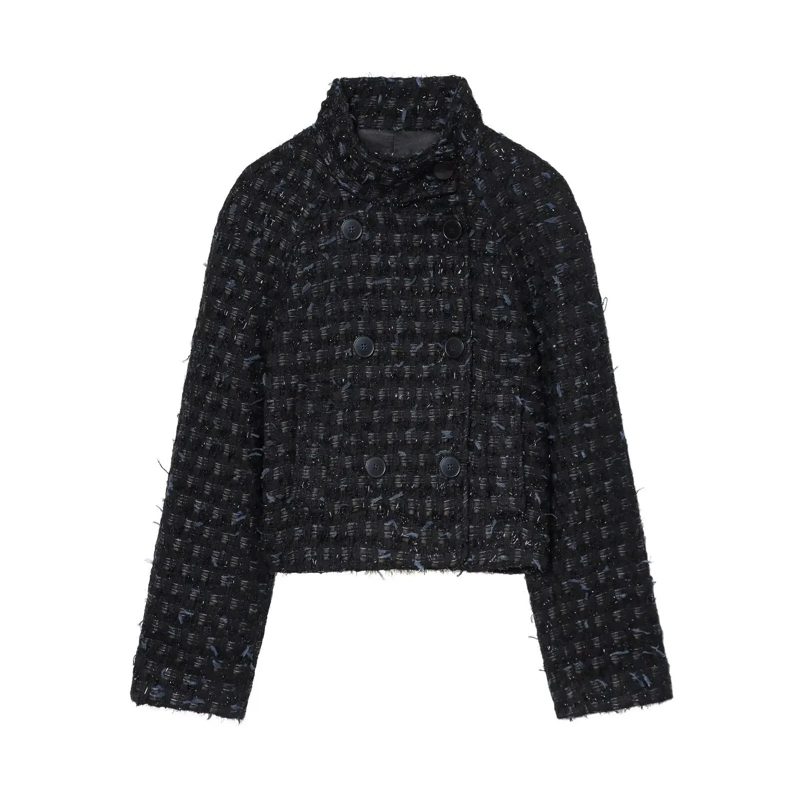 

2025 Winter New Women's European and American Fashion Metallic Thread Structure Double-breasted Half-High Collar Short Jacket
