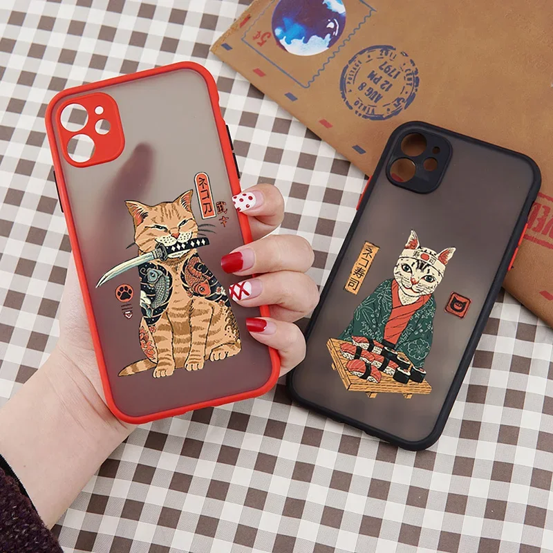 JAMULAR Neko Ramen Japan Cat Anime Phone Case For iPhone 13 12 11 14 15 Pro MAX XS X XR SE2 7 8Plus Cool Hard Matte Cover Fundas