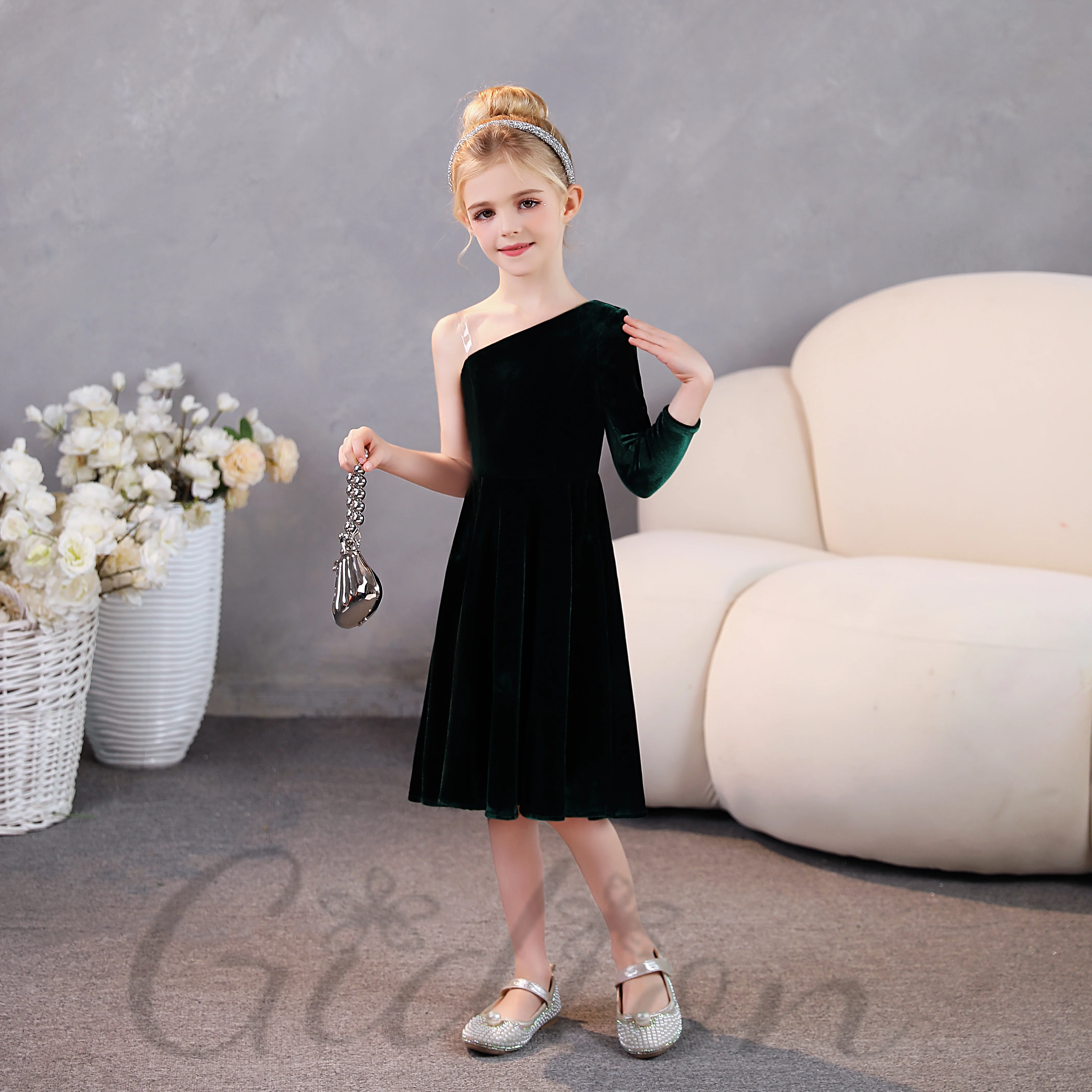 Velvet Black Green Junior Bridesmaid Dress For Kids Festivity Celebration Wedding Show Banquet Prom Night Any Event Party Ball