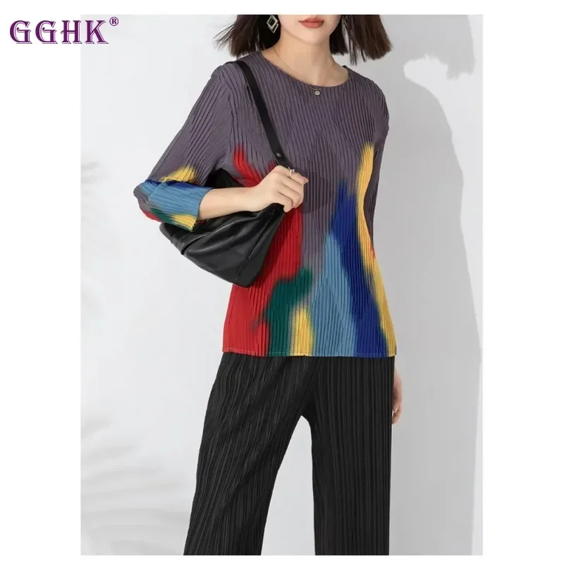 

GGHK Miyake Pleated Women Casual Long Sleeve T-Shirt 2024 Spring New Collision Print Retro Design Round Neck Loose Folded Top