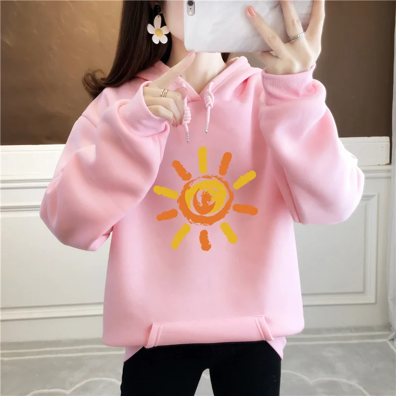 

Autumn and Winter Japan Korean Loose Harajuku Style Sweatshirt Pullover Kawaii Graffiti Sun Print Pattern Fleece Women Hoodies