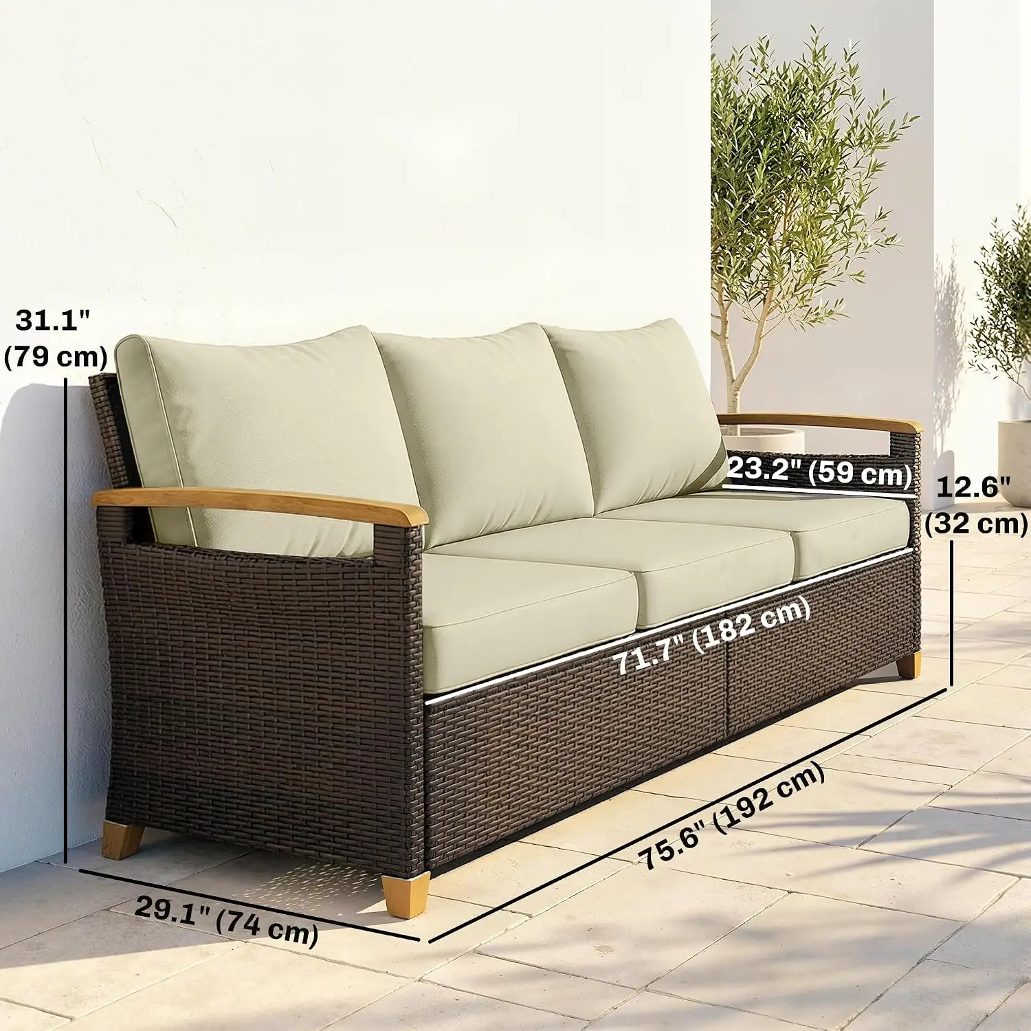 3-Seater Outdoor Wicker Sofa with 4