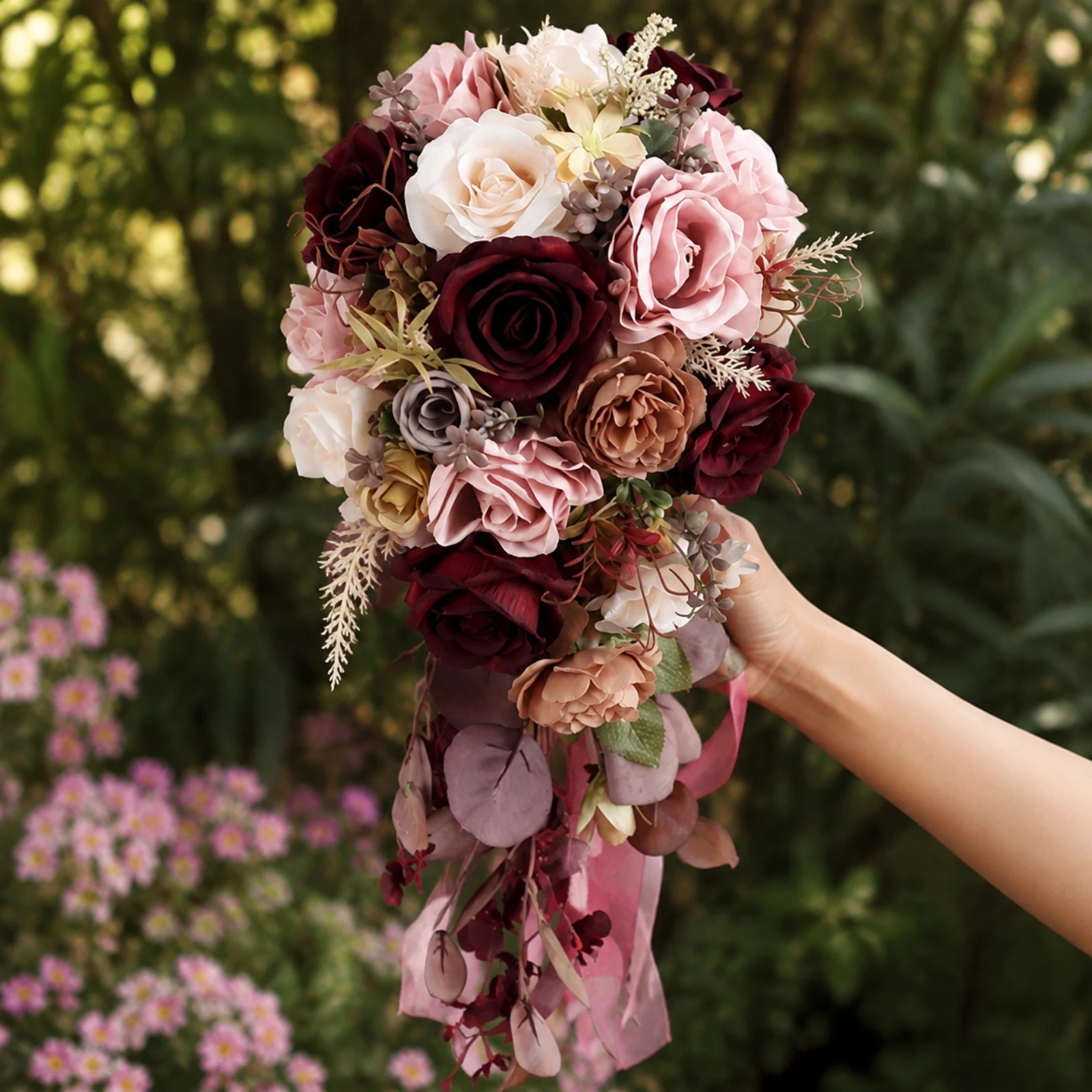 Flower Arrangement Burgundy Artificial Silk Flower Bridal Bouquet for Brides, Keepsake Display