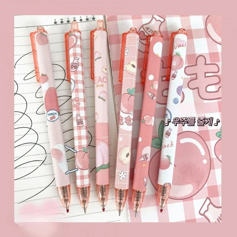 

6pcs Peach Juice Erasable Pens for Girl Cartoon Aesthetic Needle Tip Ink Pen for Journaling 0.5mm Black Blue Ink Stationery Pen