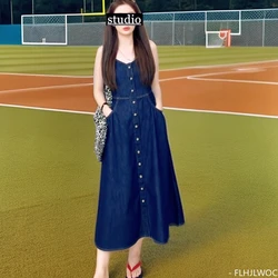 Sleeveless Dress New 2024 Women Fashion Summer Cute Sweet Strap Holiday Birthday Date Girls Blue Jeans Long Denim Slip Dresses