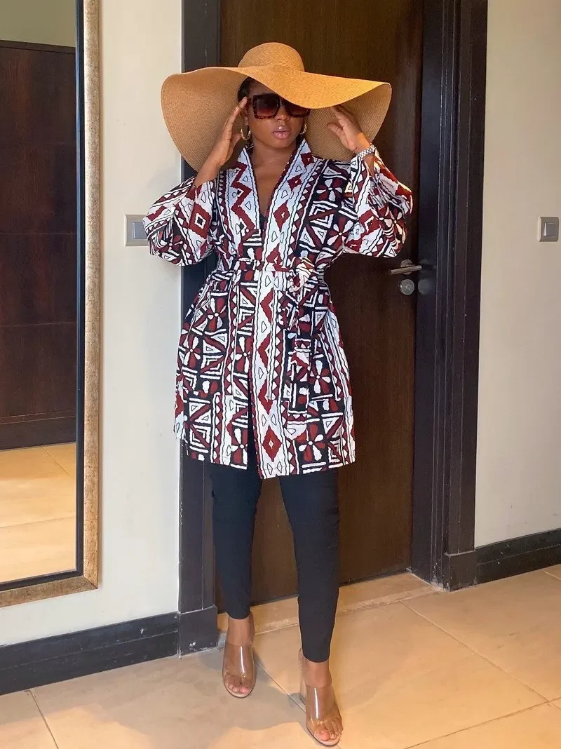 African Print Dresses for Women Dashiki Geometric Belt Femme Dress African Clothes Plus Size Retro Africa Christmas Robe