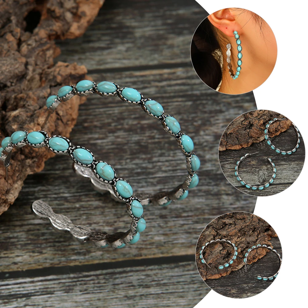 

Vintage Turquoise Earrings Decorative Statement Bohemia Banquet Shaped Metal Dangling for Women Simple Design