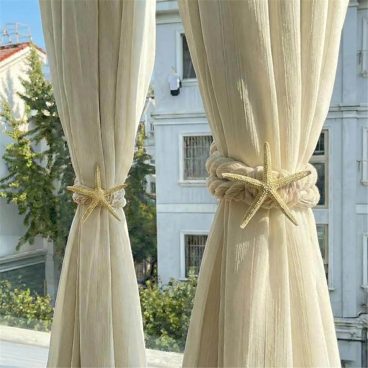 Multi Purpose 2-Pack Coastal Beach Theme Starfish Curtain Tiebacks, Nautical Rope Holdbacks for Home Decor