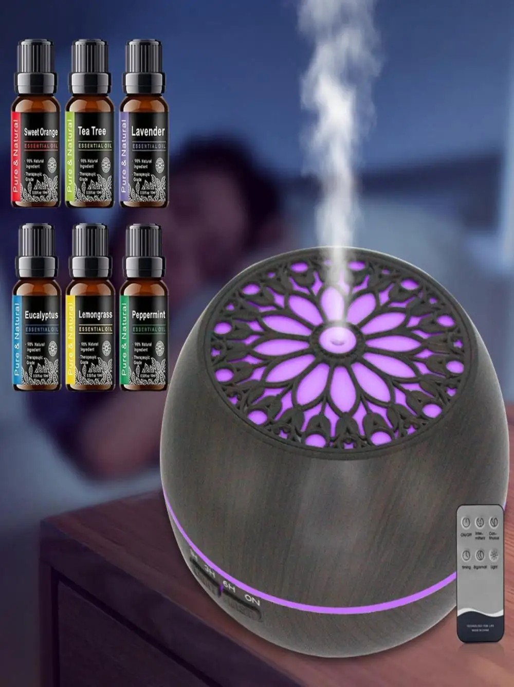 

550ml Aroma Diffuser with 6 Oils, Remote Control, 7 Colors Light & Timer for Large Room