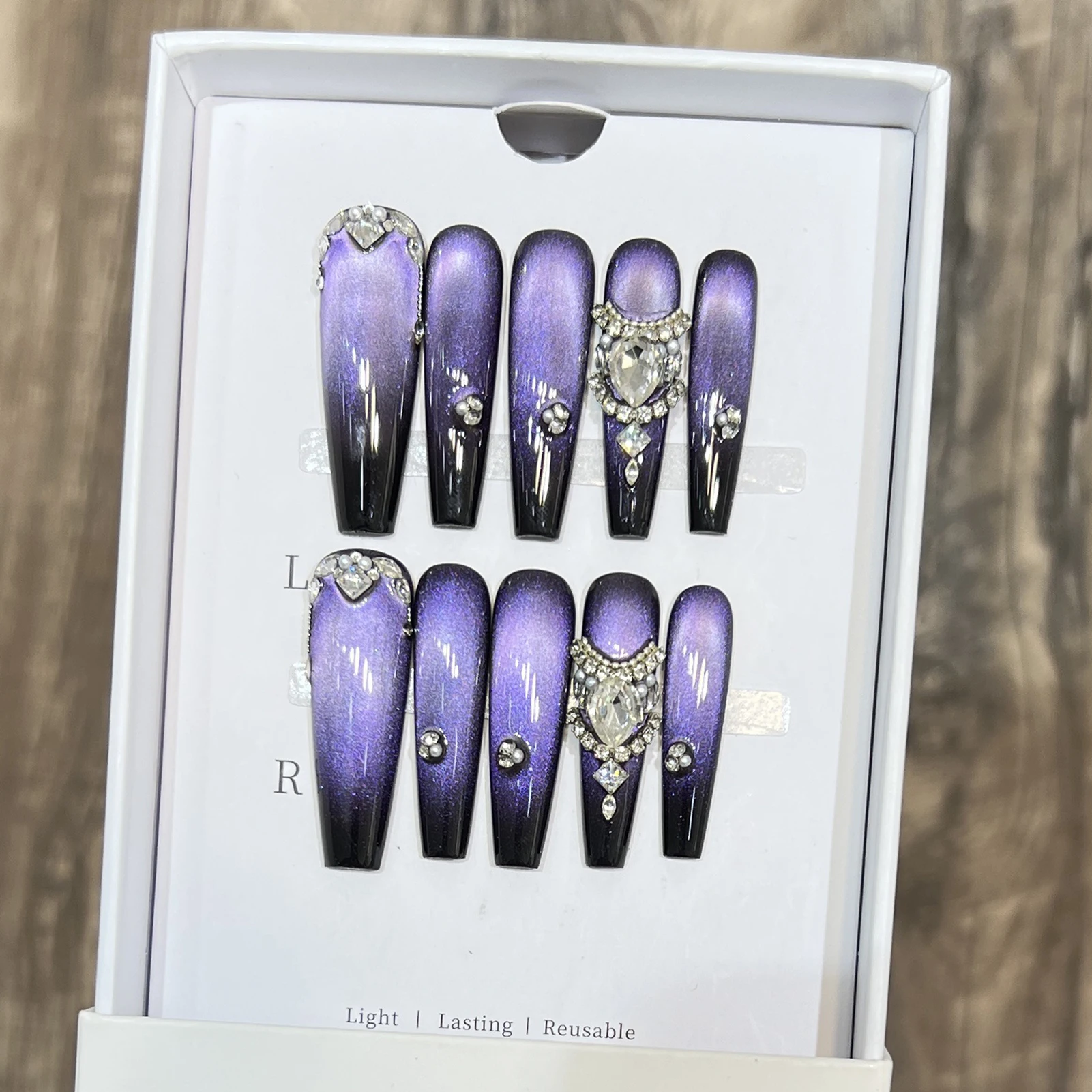 

10 шт., темпераментные фиолетовые накладные ногти, стеклянная бусина ручной работы, кошачий глаз, длинные Т-образные накладные ногти, укладка бриллиантовой цепочки, декор, накладные ногти