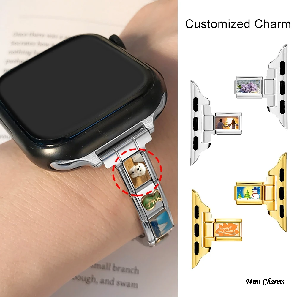 

1 пара изображений, индивидуальный ремешок для умных часов, разъем, подходит для 9 мм, итальянский браслет из нержавеющей стали, DIY Изготовление ювелирных изделий, подарок