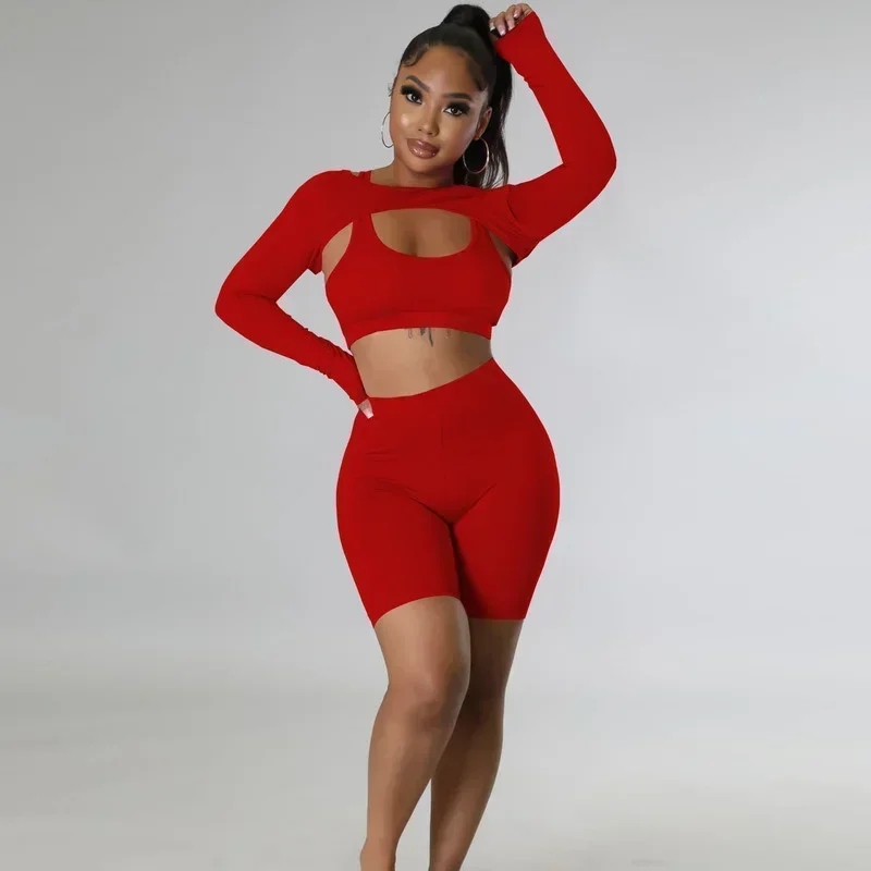 

GUWU 3 Piece Sets Women Tracksuit Tank Crop Top + Long Sleeve Cape + High Waist Skinny Shorts Stretchy Fitness Workout Suit