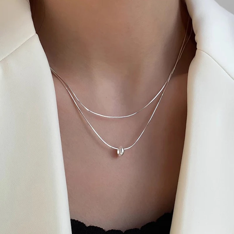 925 Sterling Silver Double Layer Necklace Exquisite Charm Simple Style Pendant Choker Birthday Gift for Women Exquisite Jewelry