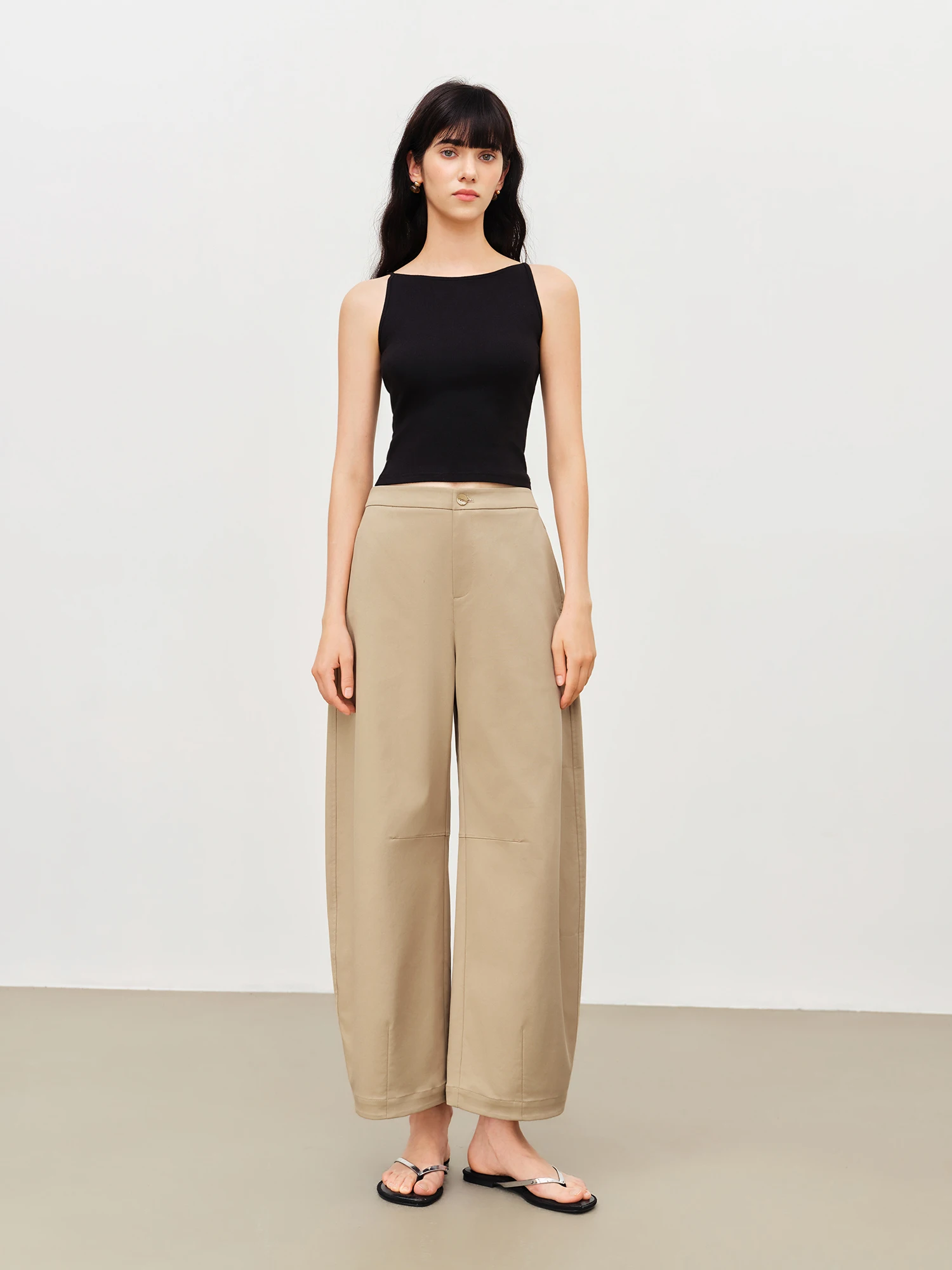 ZIQIAO 2026 Summer Women's Khaki Mid-Rise Cropped Barrel Leg Casual Cotton Pants - Minimalist Style for Daily and Office Wear