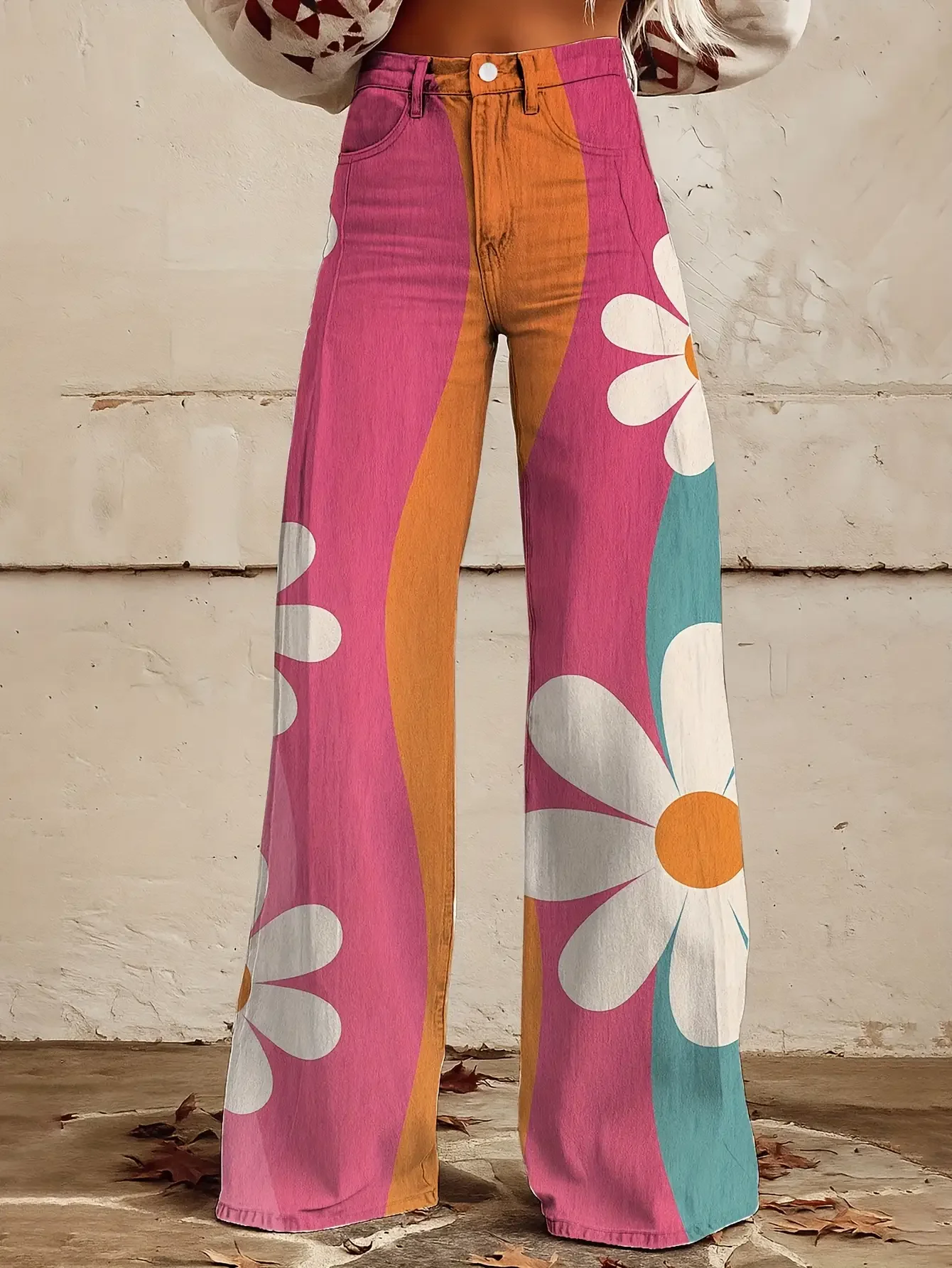 1 pair of women's denim high waisted loose flared pants, casual retro style,