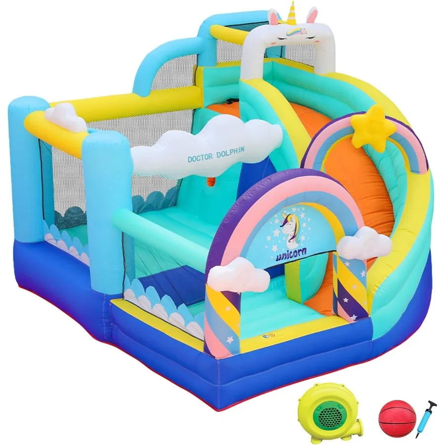 منزل ترتد قابل للنفخ، منزل يونيكورن مع منزلق، منزل نطاط قابل للنفخ مع حفر كروية، حارس القفز للأطفال من سن 4 إلى 8 سنوات،