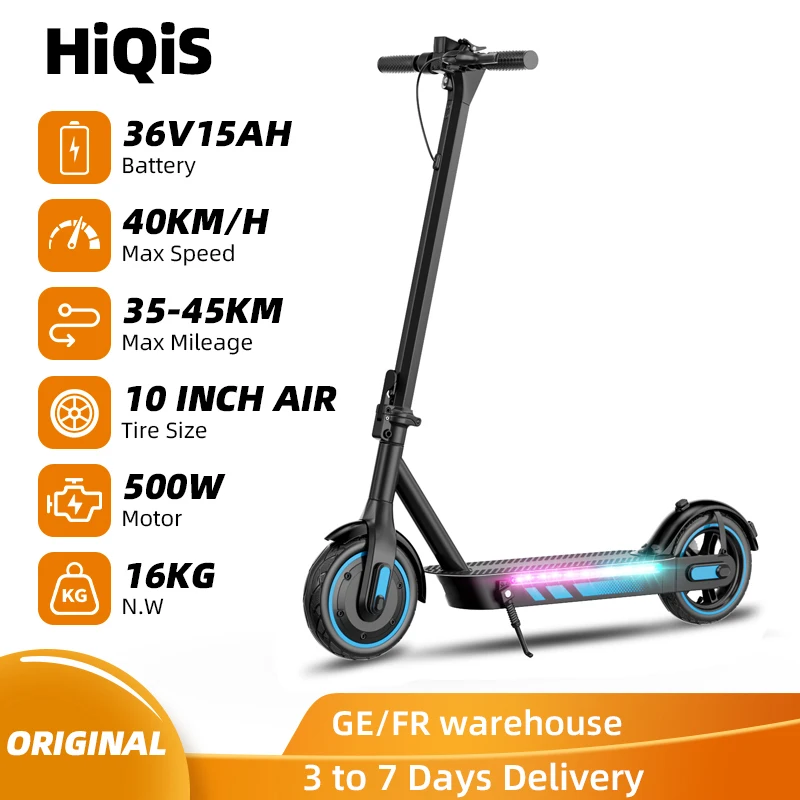 Trottinette électrique HiQiS V10 pro, moteur 600W, batterie 36V15Ah, vitesse 40 km/h, autonomie 45 km, pneus gonflables 10 pouces, pliable, pour adultes, avec application.