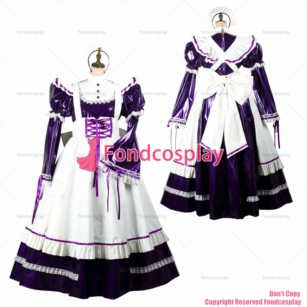 fondcosplay adult sexy cross dressing sissy maid long Purple thin pvc dress lockable Uniform white apron CD/TV[G2436]