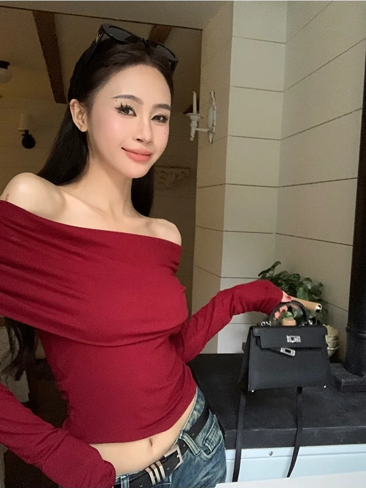 Wine Red Sweet One Shoulder Pleated Long Sleeve Shirt Women Top Summer Slim Fit French Sexy Slimming Revealing Navel Outfit BM5Q