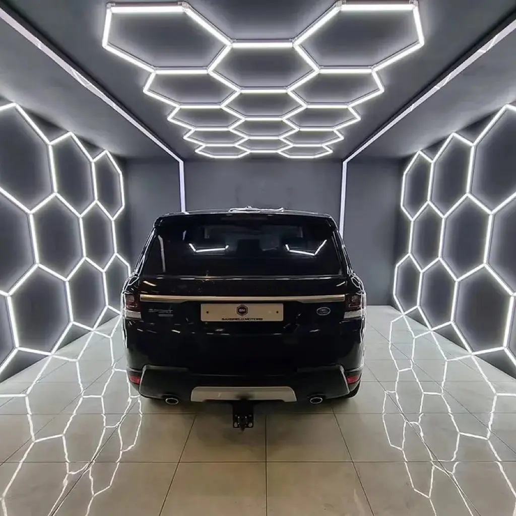 Honeycomb Hexagonal LED Light para oficina de carro, projeto geométrico, Auto detalhamento, supermercado, barbeiro, Traduzir