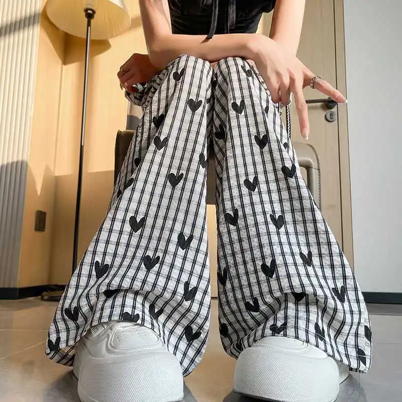 

Клетчатые повседневные брюки в полоску, женские прямые брюки с высокой талией на весну и лето, свободные широкие брюки с принтом, быстросохнущие брюки