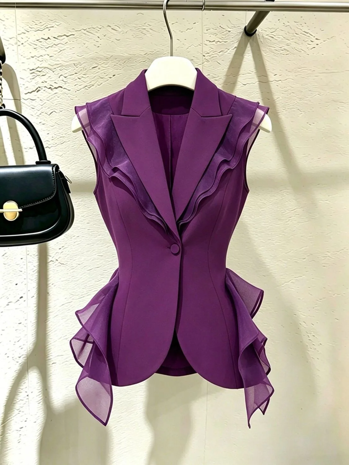 

Retro Purple Suit Vest Women's Sleeveless Waist-Cinching Lace Design Elegant Outerwear Top Commute Style Polyester Fiber