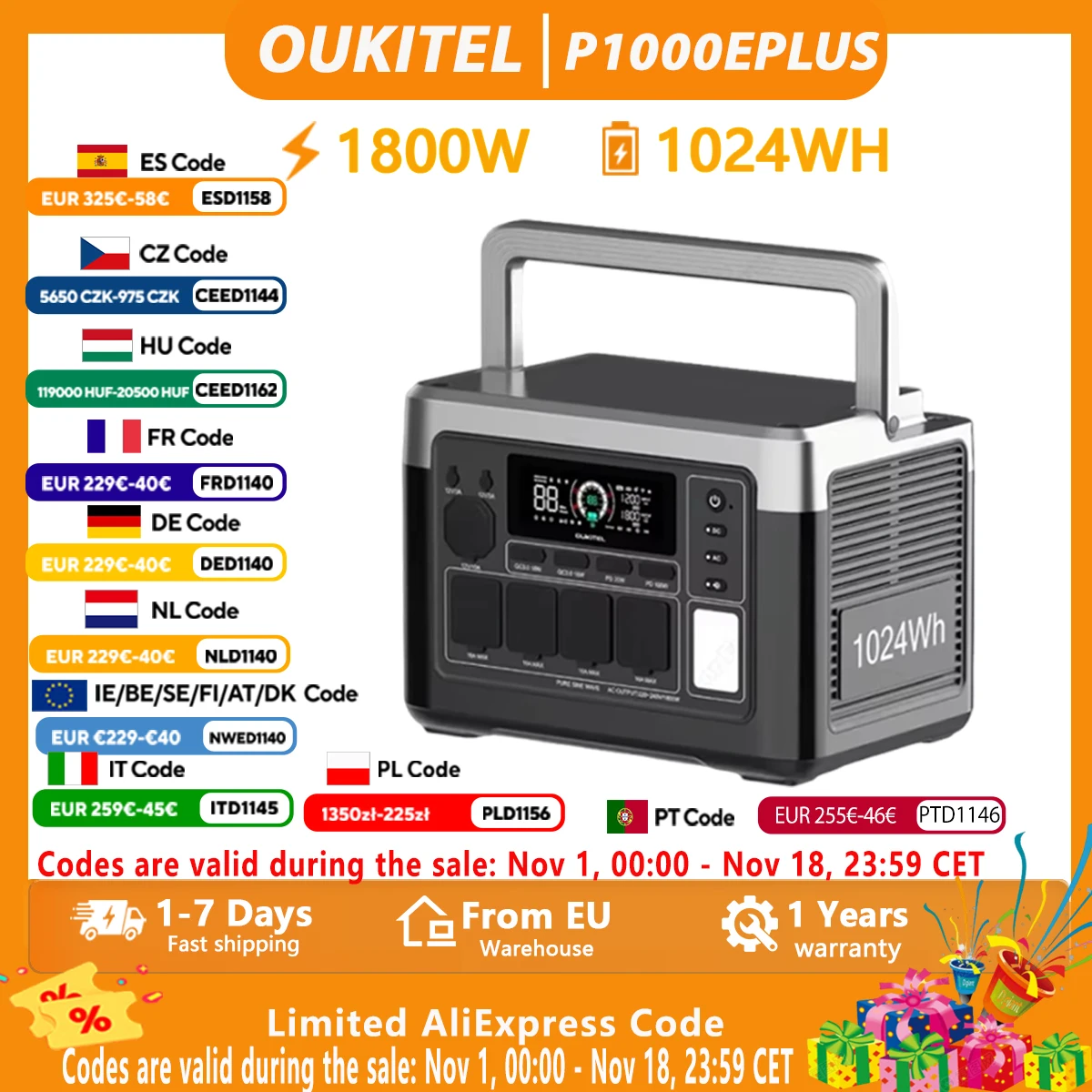 Station d'alimentation portable OUKITEL P1000E PLUS 1800W, batterie Lifepo4 1024Wh, générateur solaire, alimentation de secours à domicile, camping en plein air, alimentation mobile