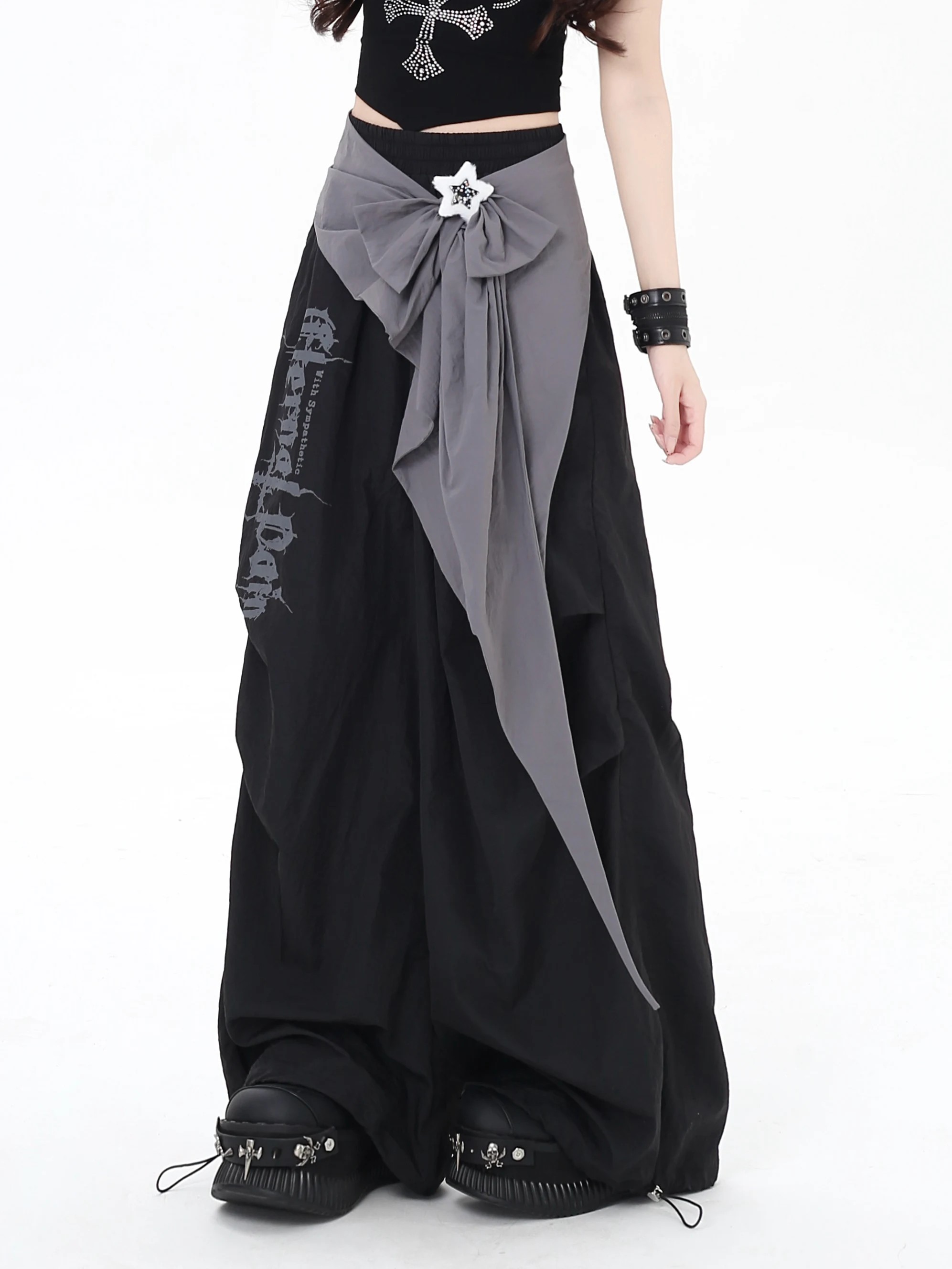Original Fashion Streetwear Subculture Sweet Cool Girl Cargo Pants Elastic High Waist Bow Loose Wide Leg Long Sweatpants Women