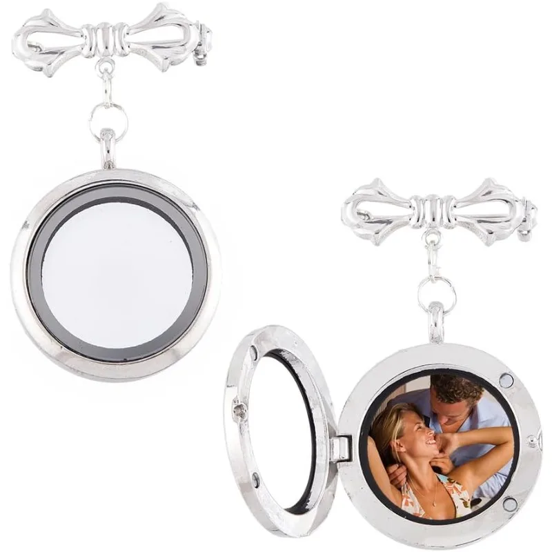 

2Pcs Bowknot Bouquet Photo Locket Charms Alloy Bridal Brooches Bow Tie Wedding Memorial Brooches Pins Alloy Glass Photo